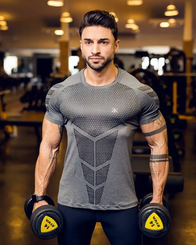 New Running Men Fitness T-shirt Sport Shirt Men Short Sleeve Quick Dry Bodybuilding Tight T Shirt Gym Mens Tshirt Tee Tops - Color: Gray