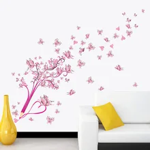 Autocollant Mural fleur papillon rose, décalque artistique pour décoration d'arrière-plan pour chambre à coucher et salon