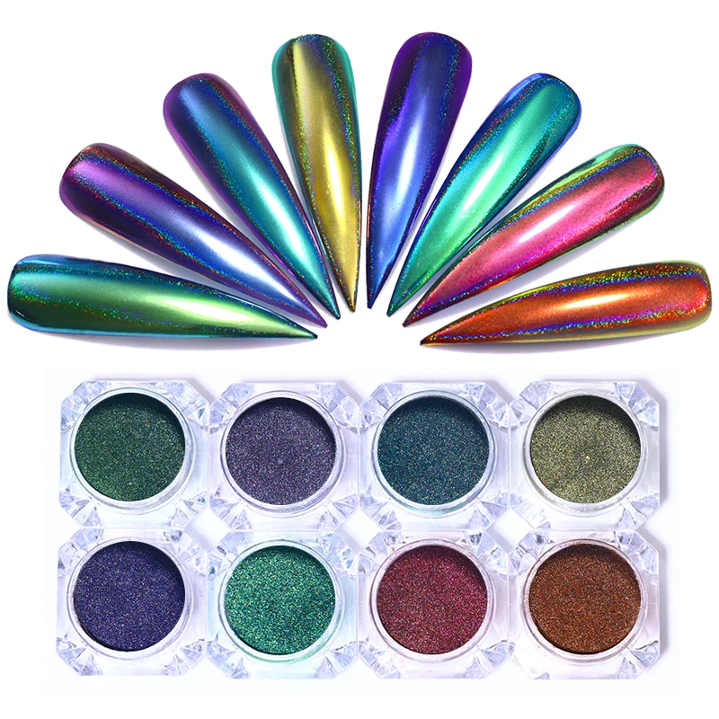 

8 Box/set 0.1g Peacock Holographic Chameleon Glitter Set Mirror Nail Art Chrome Pigment Glitters Manicure Dust DIY for UV Gel