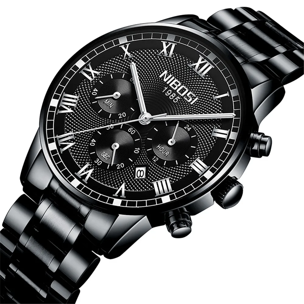 

NIBOSI Quartz Watch Fashion Mens Sports Waterproof Stainless Steel Band Wrist Watches For Business + Gift Box