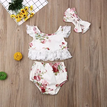

Pudcoco Newborn Baby Girl Clothes Flower Print Lace Ruffle T-Shirt Tops Short Pants Headband 3Pcs Outfits Clothes Summer