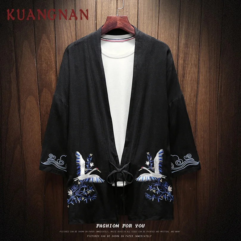 Мужской кардиган с вышивкой KUANGNAN Crane кимоно рубашка 5XL одежда японское летняя