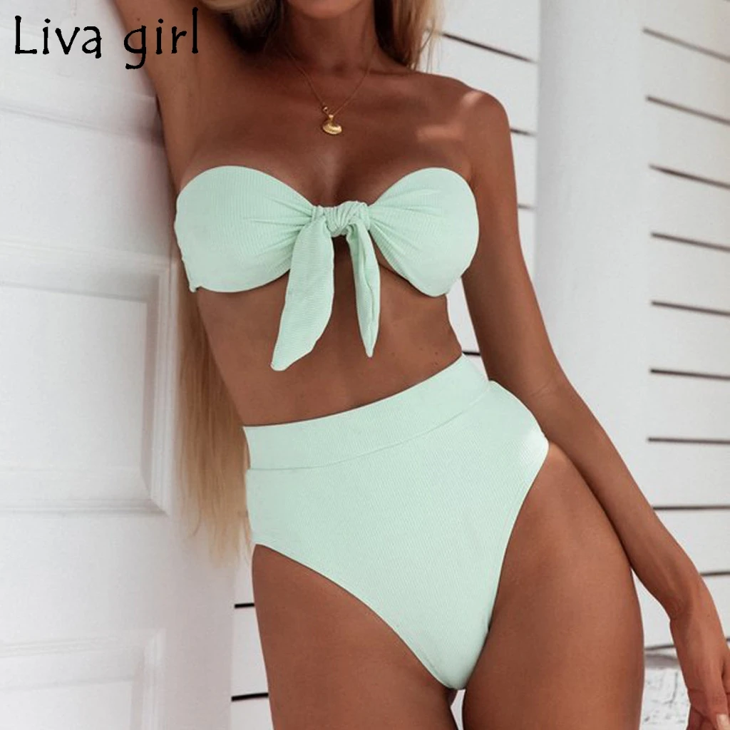 

Liva girl Bow Solid color bikini 2019 Brazilian Bikini High waist Briefs 2019 women Biquini multiple colour Push Up Swimwear