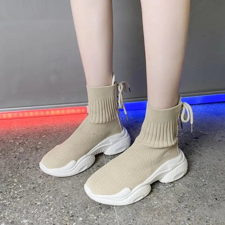 

Runway Beige Black Mesh Upper Sock Boots Women Round Toe Rubber Heels Slip On Womens Sneakers High Top Trainers Shoes Tennis
