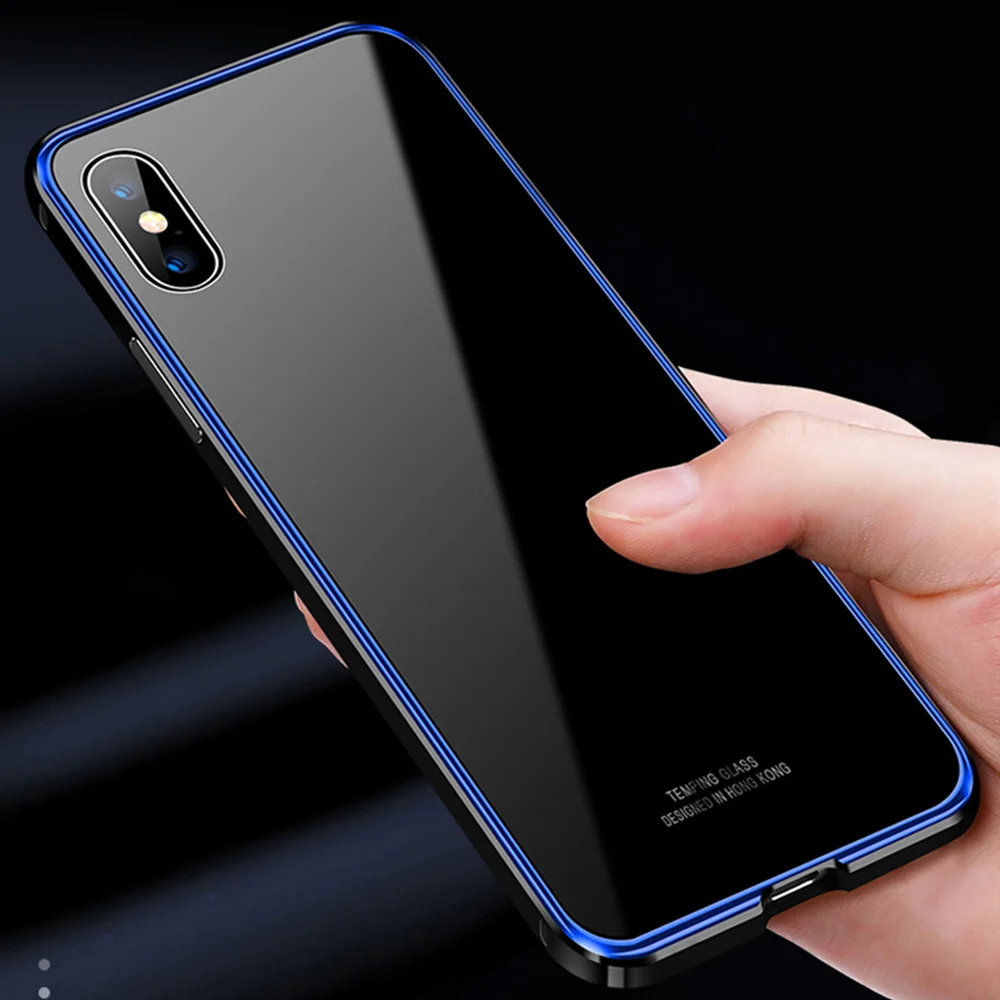 Online Funda de Metal de lujo para iPhone XR XS Max funda aluminio Metal parachoques fundas de teléfono de cristal templado para iPhone X 7 8 Plus funda Coque