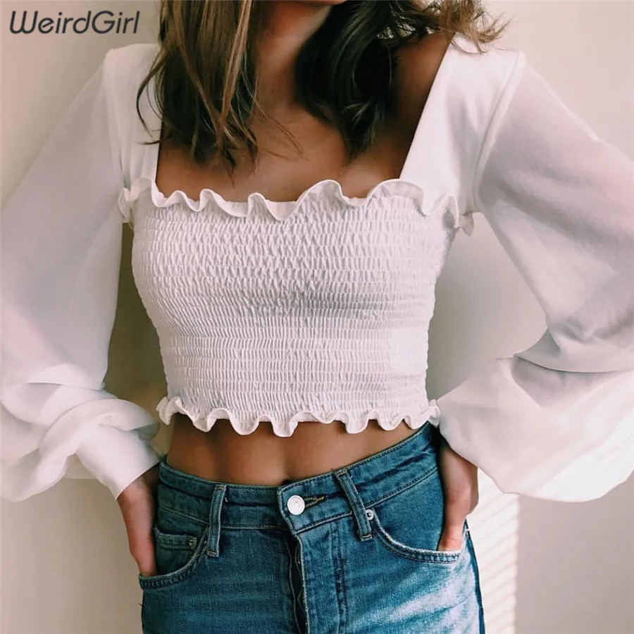

Weirdgirl Women Long Sleeve elegant Fashion T-shirts square neck Streetwear Ruffles crop tops Female Top elastic Summer New 2019