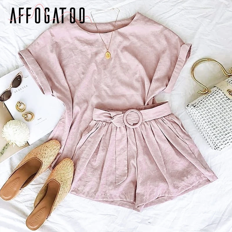 Affogatoo Casual two-piece romper women jumpsuit Solid streetwear playsuit summer jumpsuit High waist top shirt overalls 2019