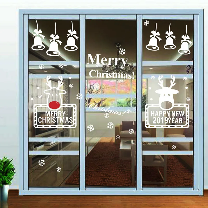 

Merry Christmas Tree Wall Stickers Christian Home Decoration DIY Vinyl Shop Window Xmas Reindeer Bells New Year Mural Art Poster