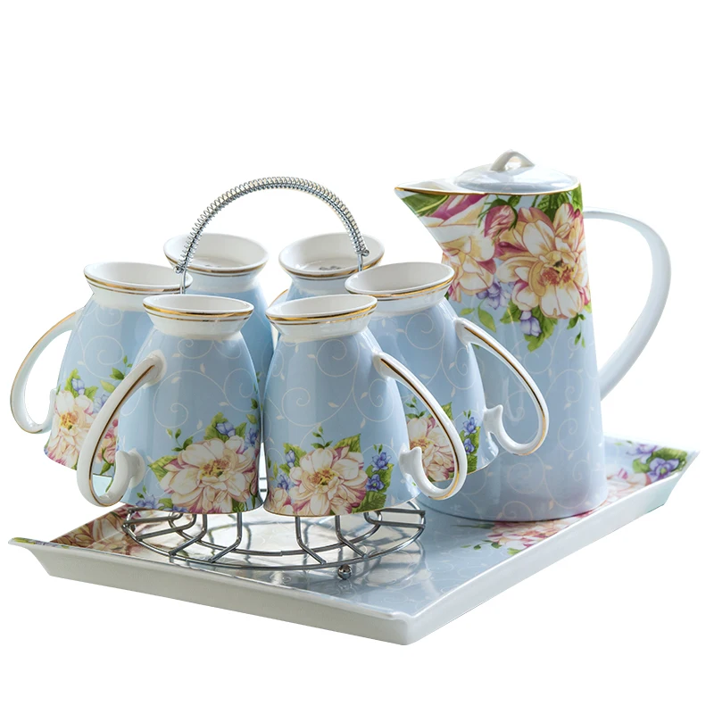 

High Quality Real Bone China Teapot and Chip Cup Set with Steel Stander Floral Cafe Tea Cup Set, Coffee Cup Set with Tray