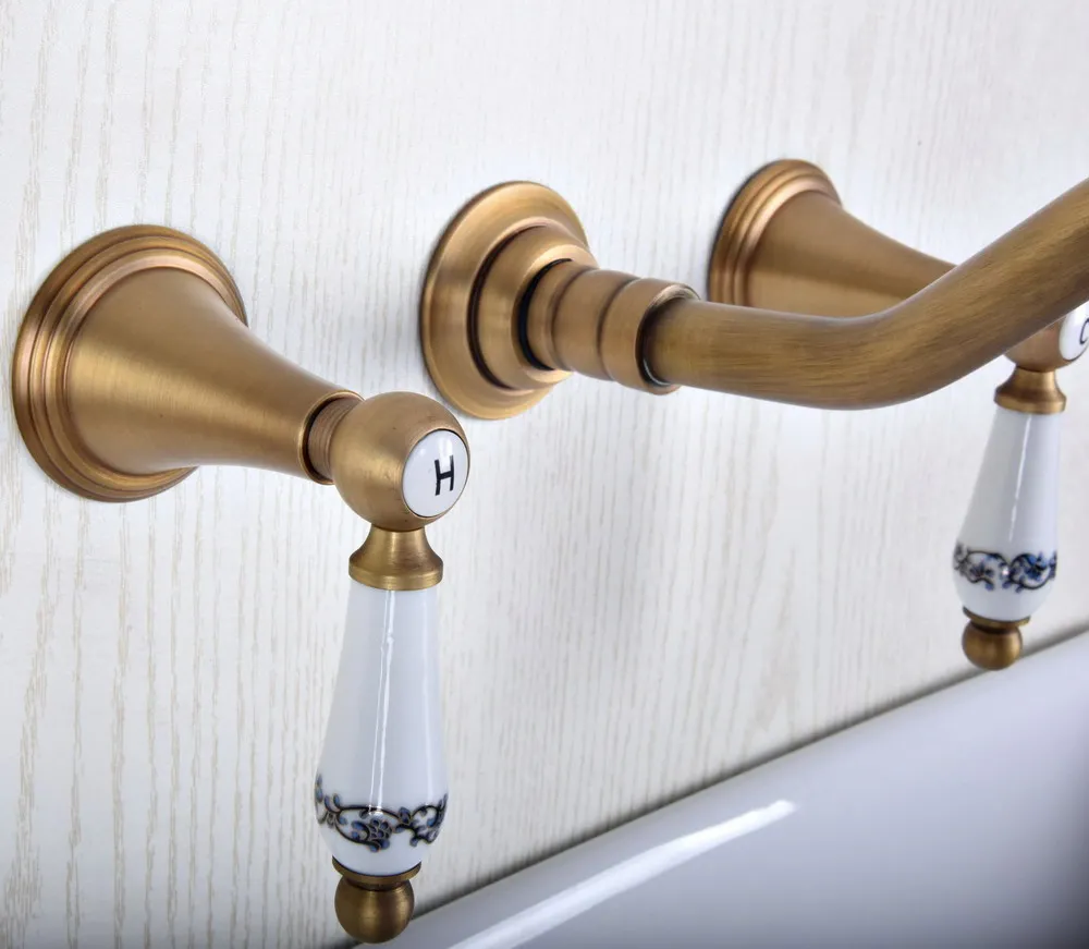 Antique Brass Widespread Wall-Mounted Tub 3 Holes Dual Ceramic Handles Kitchen Bathroom Tub Sink Basin Faucet Mixer Tap asf515
