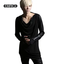 Männlichen Neue Reißverschluss Kragen T-shirt Männer Punk Hiphop Mode Leder Splice Langarm mit Handschuhe T-shirts Männer Bodenbildung T hemd