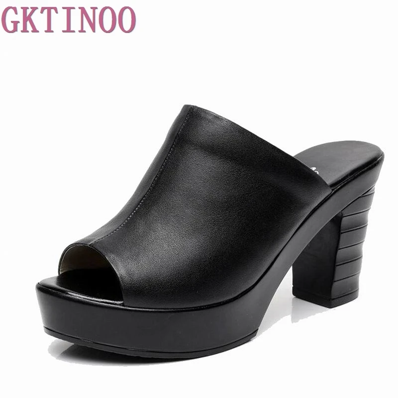 Summer Thick Heels Shoes Peep Toe Women's Slippers Genuine Leather Shoes Wedges Platform Women's High Heel slippers Flip Flops new chinese ethnic style high heels string bead wedges slippers genuine cow leather flip flops woman summer casual shoes 34 39