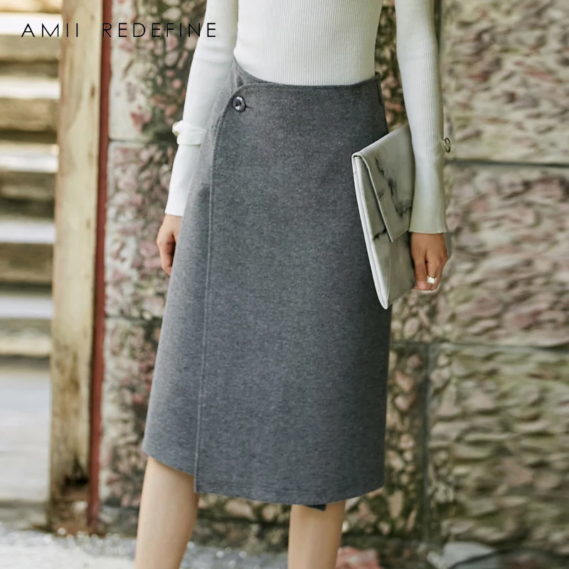 Goede Amii Herdefini euml;ren Elegante Rok Vrouwen Herfst 2018 Solid Straight Button Mid kuit Rijk Een Stuk Winter Vrouwelijke Bodem