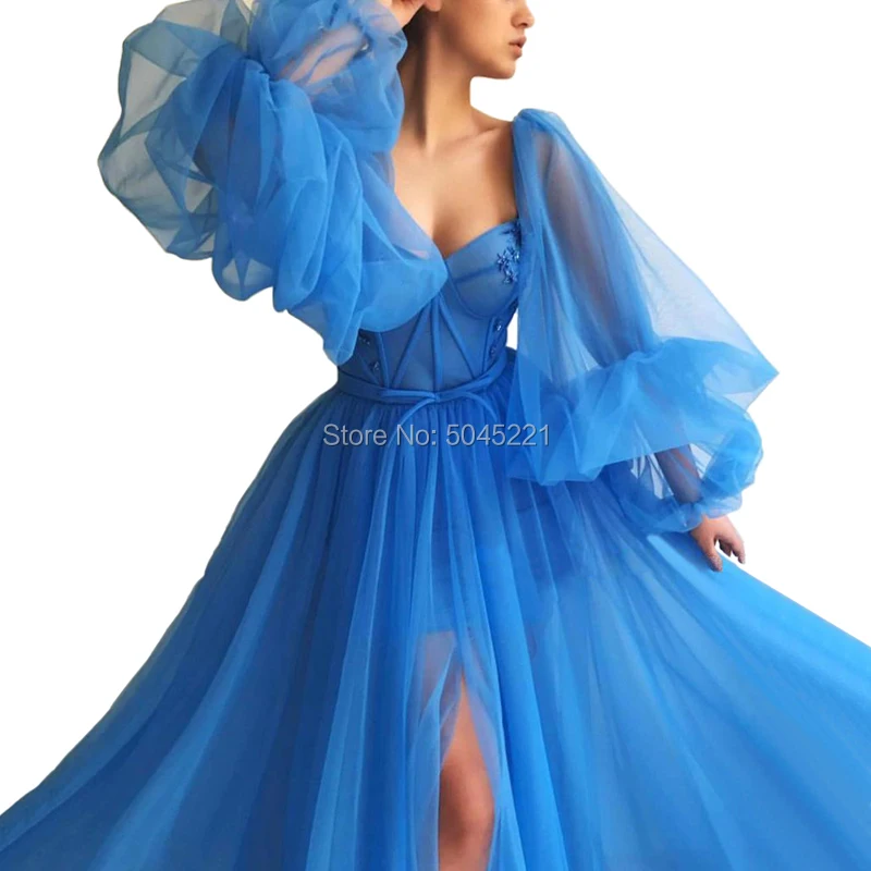 Синие африканские вечерние платья vestido de festa Longo Милая с длинными рукавами с высоким разрезом ТРАПЕЦИЕВИДНОЕ арабское выпускное платье вечерние платья