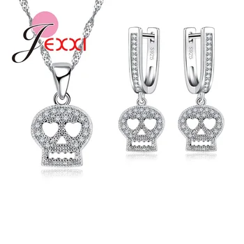 

Cute Skull Pendant Hollow Heart Shape Eye Rhinestone Jewelry Set Cool Woman Necklace Earrings 925 Sterling Silver