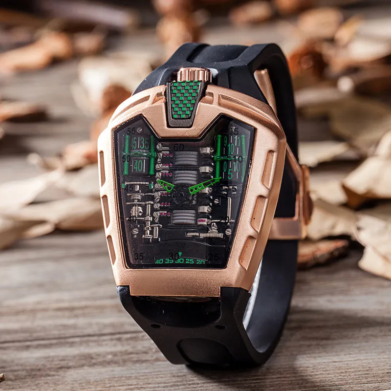 

Men's wristwatch, new fashion, hollow ghost head, Silicon tape, cool quartz, men's watch imitation machine watch.