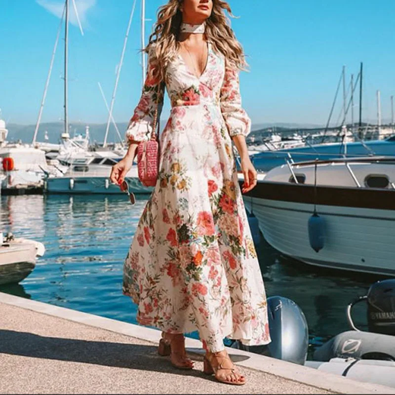

Long Sleeve Dress Floral Tropical Beach Vintage Maxi Dresses Boho Casual V Neck Belt Lace Up Tunic Draped Plus Size Dress XL