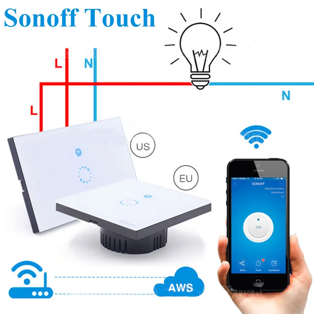 

Sonoff Touch EU US Wifi Wall Touch Switch 1 Gang 1 Way Wireless Remote Light Relay App Control Work with Alexa Google Home