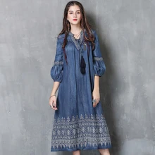 Women's 2018 Spring and Autumn New Large Size Denim Dress Female Casual Retro Tassel Lantern Sleeve Embroidered V-neck Dress frill trim embroidered lantern sleeve dress