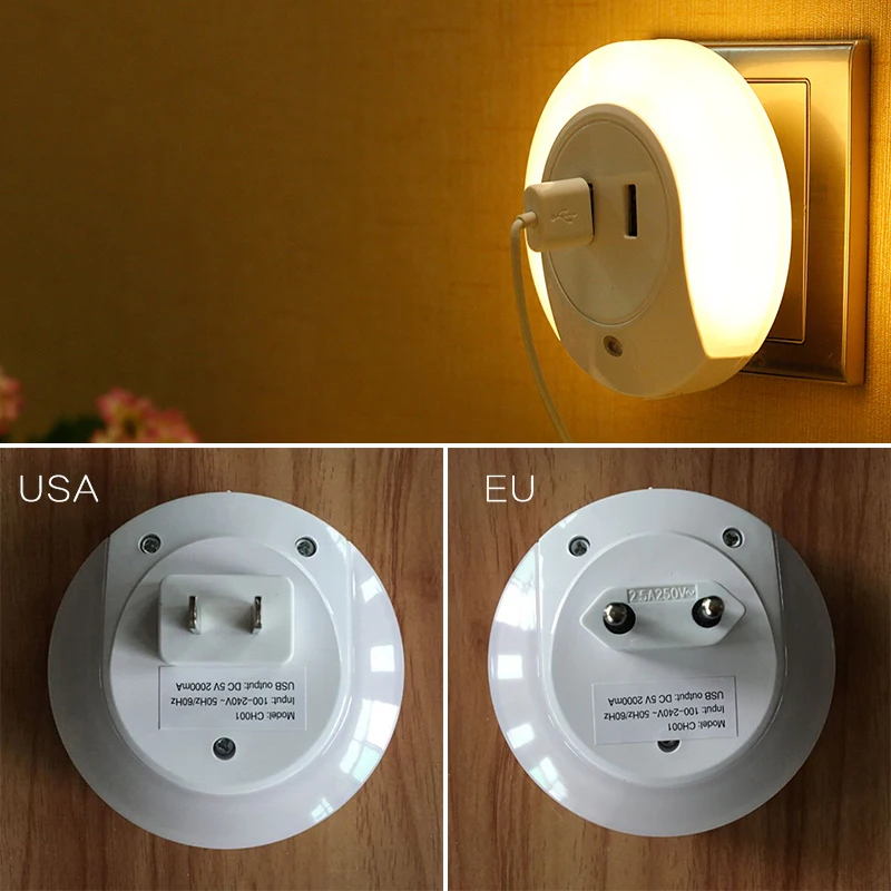 

Smart Design LED Night Light Sensor 2 USB Charging Socket Mobile Phone Charger LED Night Lamp With Sensor Warm White