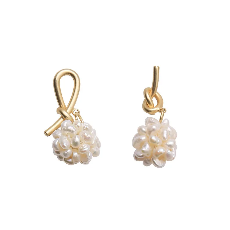 

925 Silver Needle Korean Flower Ball Pearl Asymmetric Retro Knot Matte Cold Wind Personality Earrings Korean Earrings