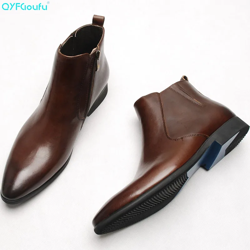 

2019 Fashionable Genuine Leather Chelsea Boots For Men Pointed Toe Zipper Flat Handmade Italian Brand Mens Dress Boots