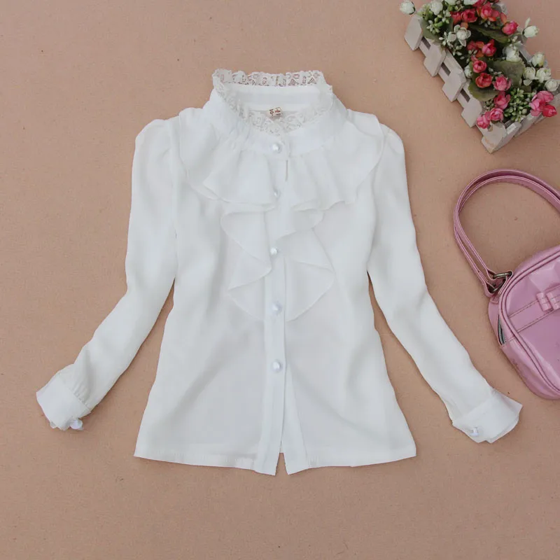 Одежда для девочек осенняя детская одежда школьная белая блузка для девочек симпатичная шифоновая с воротником детская футболка детская одежда возраст 2-16 лет - Цвет: Белый