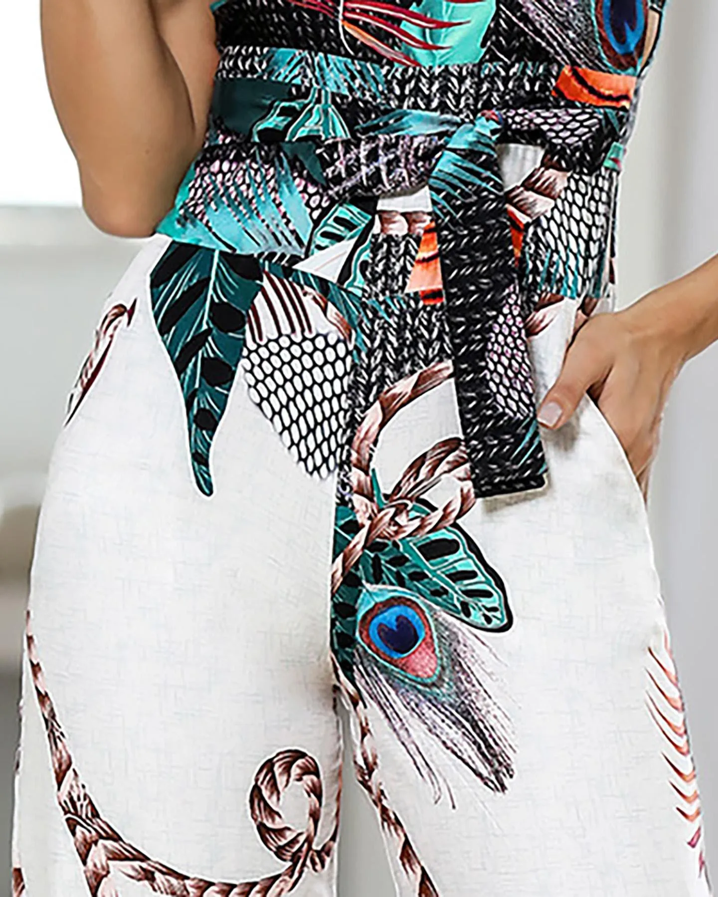 Women Spaghetti Strap Peacock Print Jumpsuit Summer Printed Long Overalls Wide Leg Pants Rompers Women Spaghetti Strap Peacock Print Jumpsuit Summer Printed Long Overalls Wide Leg Pants Rompers