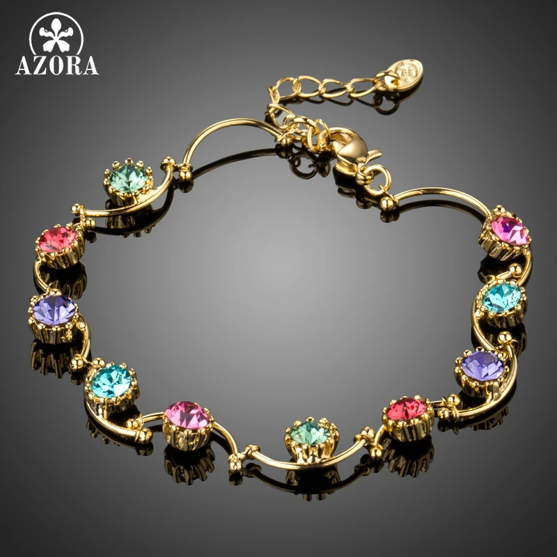 AZORA яркие Редкие Круглые разноцветные браслеты для тенниса с кристаллами золотистого цвета, ювелирные изделия на День святого Валентина TS0156