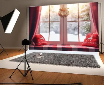 

Merry christmas decorated window Winter forest room Garland Chrtain Snow Vinyl cloth High quality Computer print Background