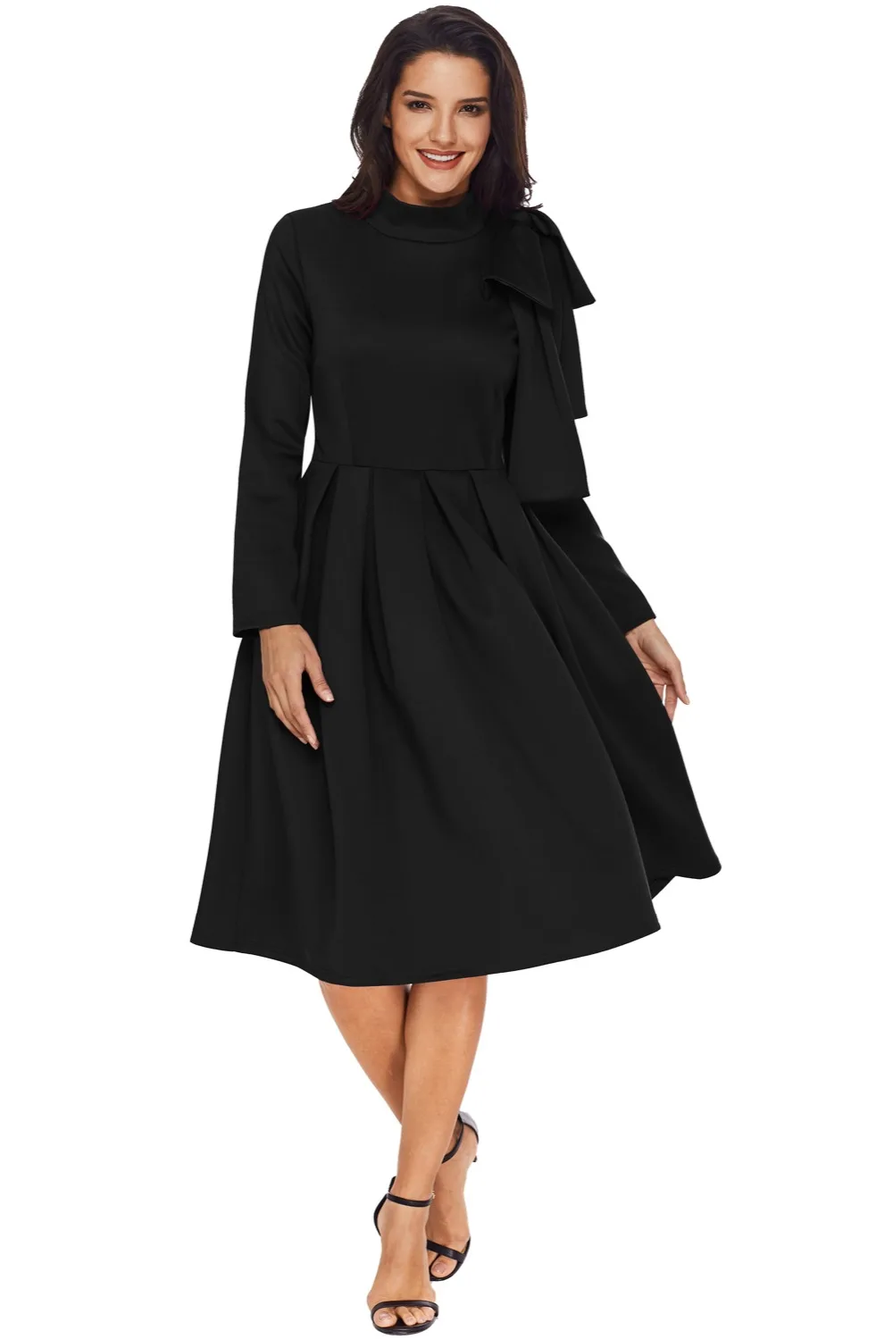 Black-Bowknot-Embellished-Mock-Neck-Pocket-Dress-LC61832-2-1