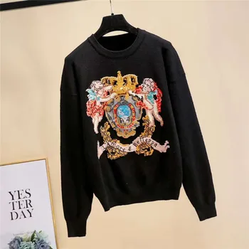 

New Brand Women's Sweaters 2019 Korean Loose Casual Handmade Embroidery Knitted Sweaters Pullovers Fashion Printed Knitwear Tops