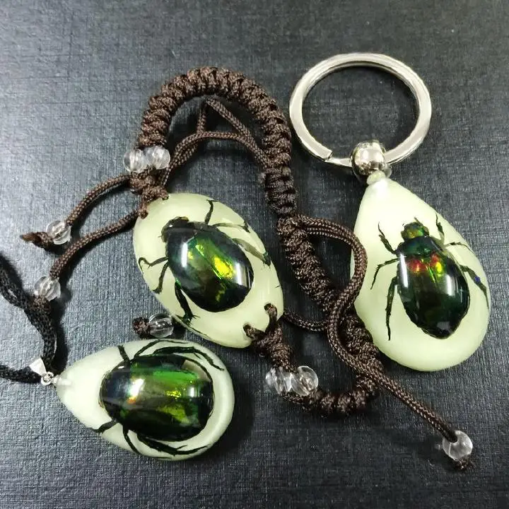 

Free Shipping SET NEW REAL GREEN BEETLE GLOW IN DARK LUCITE BRACELET PENDANT KEYCHAIN