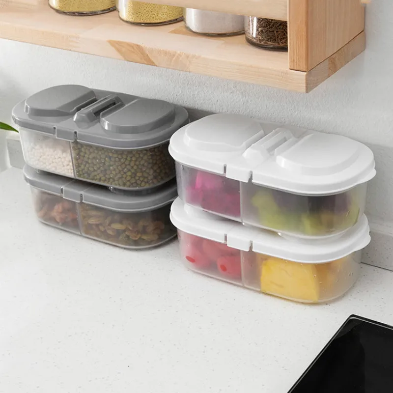 

Plastic Double-grid Storage Box with Lid Kitchen Food Sealed Cans Fresh-keeping Can Eco-friendly Fridge Storage Jars Container