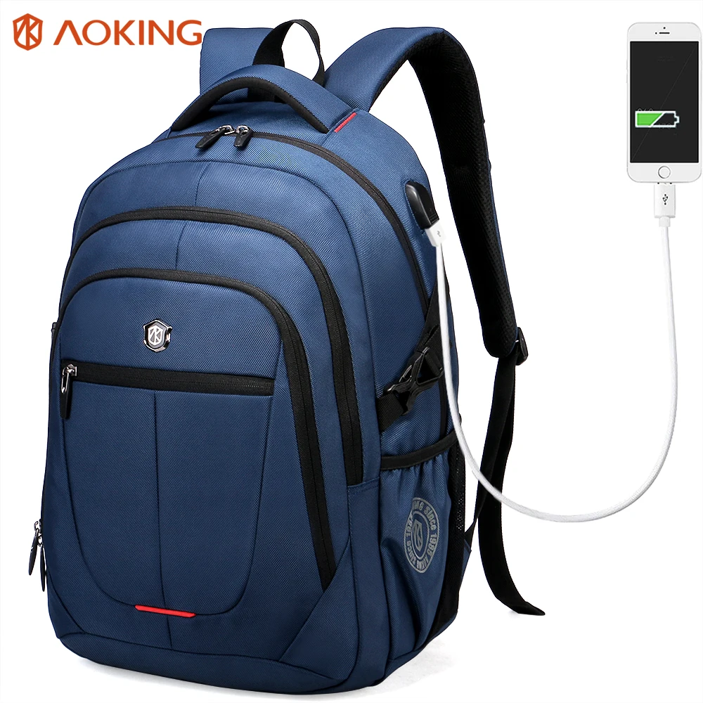 Aoking Brand Blue USB Charging Computer Backpack Strong Zipper Solid Men S Travel Bags Business Bag