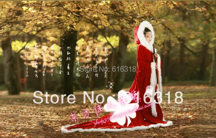Free Shipping Winter New Design Costume Dark Red Photography Fur Cloak Stage Clothing Four Great Chinese