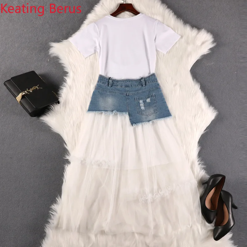 2019 Summer Women's Two-piece White Short-sleeved Round Neck Swan T-shirt Long Section Denim Stitching Mesh Skirt Two-piece Suit
