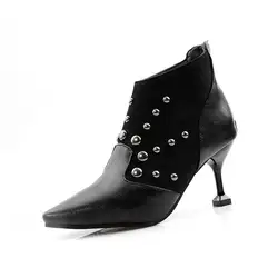 B2-1, размеры 32-48, женские зимние ботильоны женские лоскутные заклепки, женские туфли на высоком каблуке женские туфли на застежках с острым