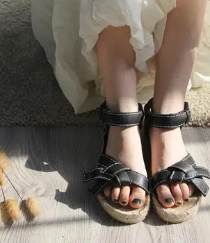 

BONJEAN Summer Bohemia Style Flat Sandal Woman Open Toe Bowknot Decorations Gladiator Shoes Rope Braided Beach Wear Sandal Black