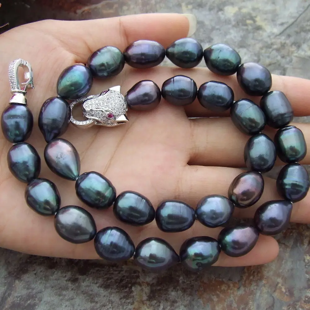 

AAA 11-13MM NATURAL SOUTH SEA BAROQUE BLACK PEARL NECKLACE 18 INCH Leopard Clasp