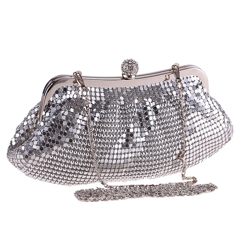 

Spring and summer new European and American fashion pleated aluminum silver sequins handbags lady hand evening party bag clutch