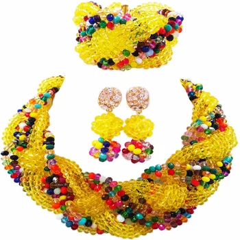 

Beautiful Yellow Multicolors Crystal Beaded Necklaces Costume Nigerian Wedding African Beads Jewelry Set for Women 12BZ19