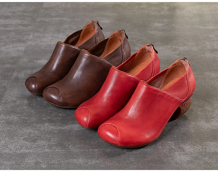 VALLU/ г., осенние женские туфли-лодочки из натуральной кожи винтажные женские туфли на высоком каблуке с круглым носком на молнии сзади