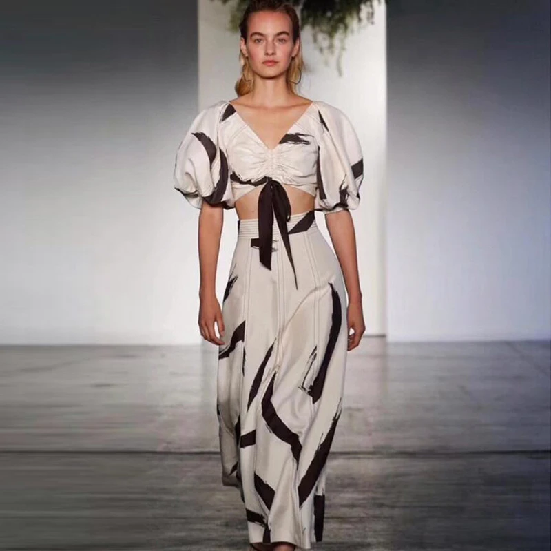 

Luxury Brand Runway Designer Woman Sexy Sets Puff Sleeve Bow Short Tops and High waist Print Skirts Party Club Sets