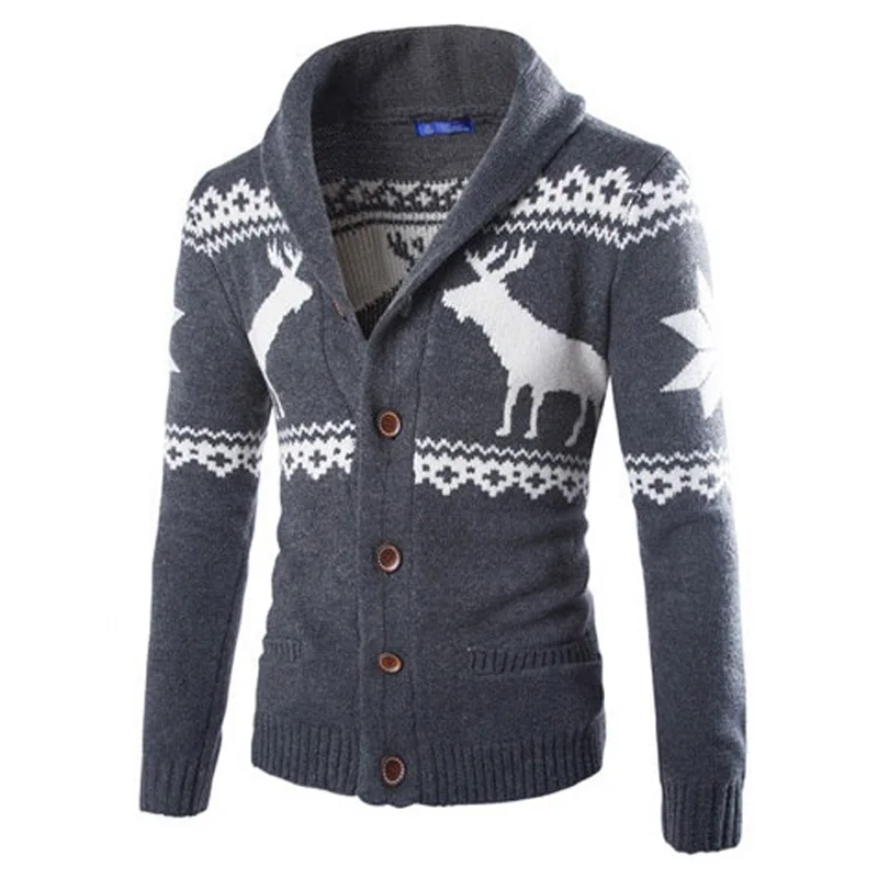 Модный Рождественский кашемировый свитер, мужской зимний Кардиган, однобортный Повседневный тонкий мужской свитер с рисунком оленя, вязаная одежда - Цвет: Dark Gray