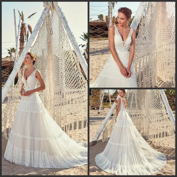 

2019 New A Line sexy lace beach Wedding Dresses sheer V Neck Backless Sweep Train Boho Bridal Gowns Plus Size wedding gowns