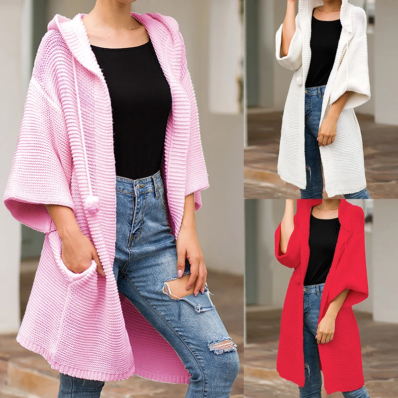 Осенне-зимнее кашемировое пальто для женщин, длинный стильный кардиган с капюшоном, свитер, Женская Повседневная вязаная уличная одежда, свитер с карманами, джемпер розового цвета