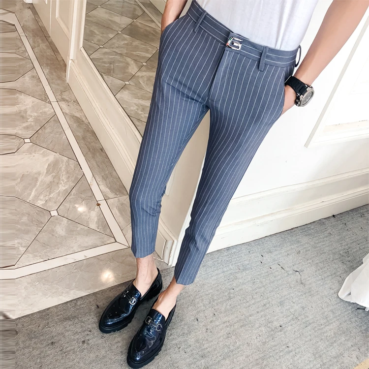Мужские брюки в полоску формальные Erkek Pantalon облегающие серые мужские костюмы