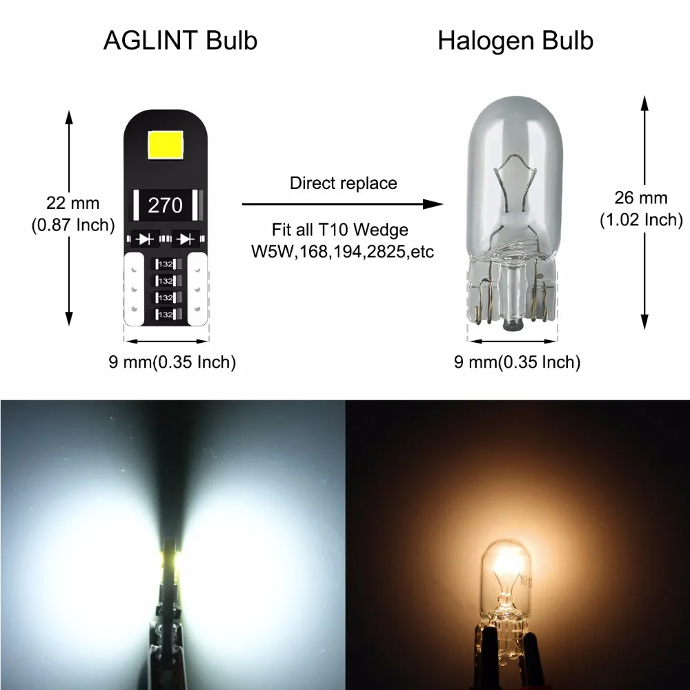 AGLINT 20 шт. T10 5W5 светодиодный автомобильный лампочка 2835 SMD без полярности для автомобильного внутреннего освещения, автомобильная лампа для чтения, белая, 12 Вольт