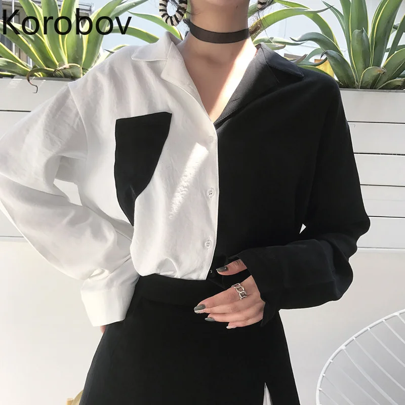 Korobov женская блузка в Корейском стиле лоскутные рубашки с длинными рукавами и